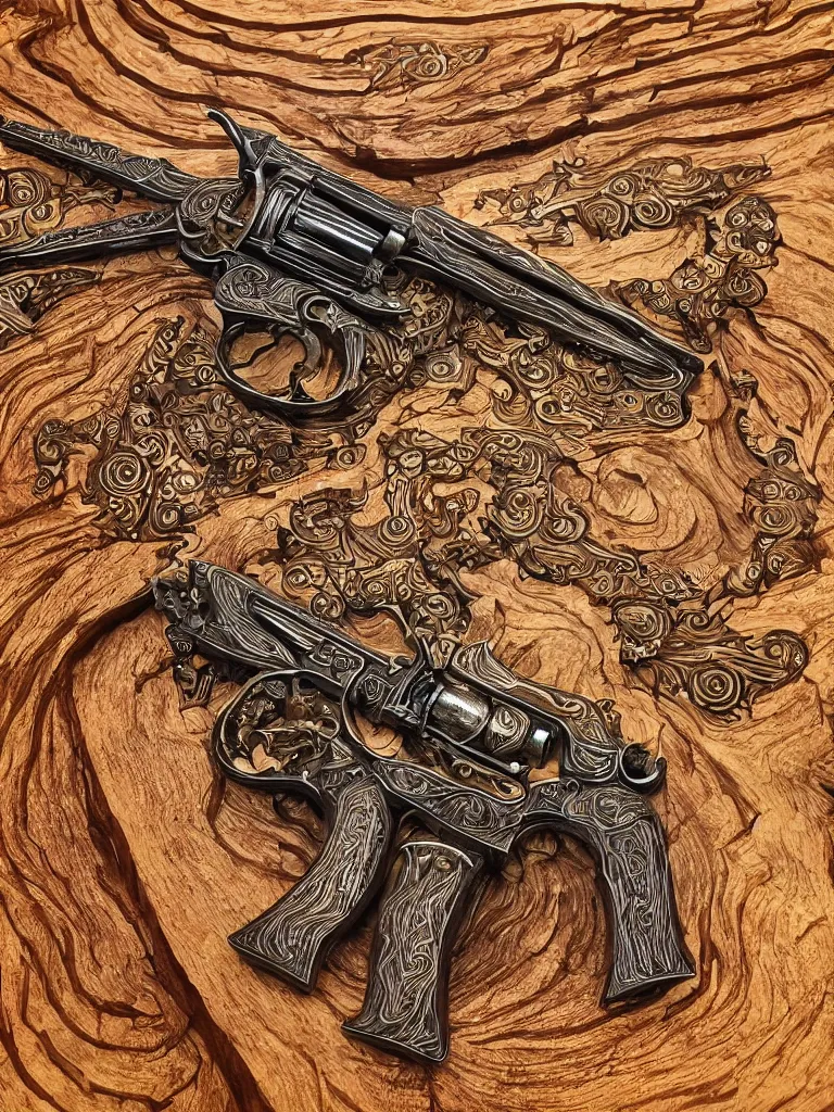 Image similar to wood carving in oak pine beechwood of an intricate design of firearms guns bullets revolvers and rifles, dramatic lighting, hyperrealistic, ultrarealistic, intricate details, 4k, unreal 5, digital art