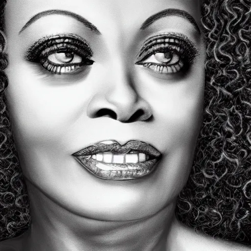 Prompt: Diana ross with the physique of a body builder, hyper realistic and ultra detailed face, cinematic, dynamic lighting, photorealistic, refined, intricate, digital art, digital painting, masterpiece, 8k