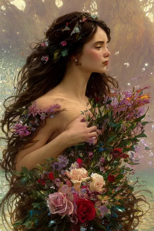 Image similar to portrait of a beautiful mysterious woman holding a bouquet of flowing flowers, wet dripping long hair, hands hidden under the bouquet, emerging from the water, fantasy, regal, intricate, by stanley artgerm lau, greg rutkowski, thomas kindkade, alphonse mucha, loish, norman rockwell