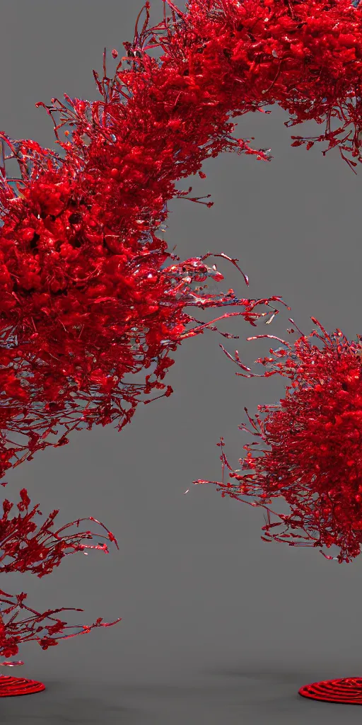 Image similar to 3 d photographic render of gate sculpture with red sakura flowers made of chrome, chrometype, made of liquid metal, neotribal with thorns and thunders, cyberpunk, raytracing, hyper realistic, volumetric lightning, 8 k, by zhelong xu and ouchh studio