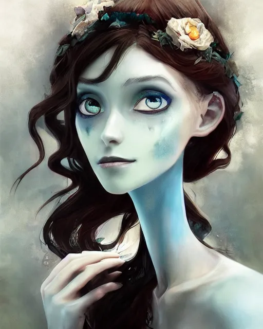 Image similar to elegant mysterious solemn zombie victoria everglot from the corpse bride, portrait, illustration, rim light, top light, summer clear blue sky, perfectly shaded, soft painting, art by krenz cushart and wenjun lin