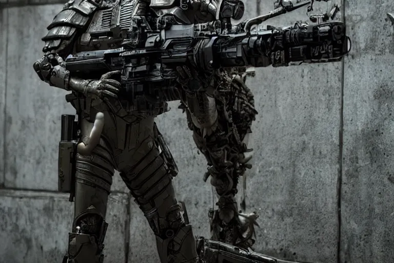 Image similar to vfx movie, sci - fi super soldier in worn military futuristic armor, posing with futuristic rifle in alien technology temple, by emmanuel lubezki