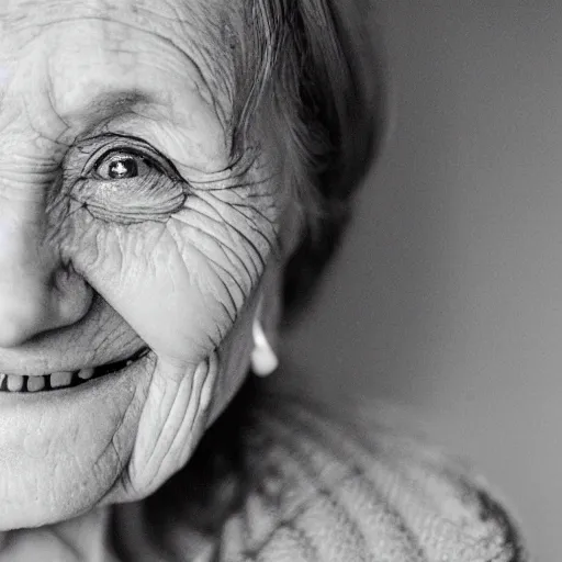 Prompt: an extreme close-up of a smiling old woman