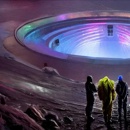 Image similar to People in hazmat suits holding flashlights peering at gigantic iridescent alien structures in the distance of a deep dark pit, establishing shot, cinematic