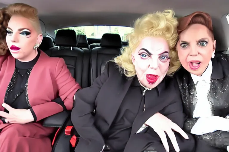 Image similar to carpool karaoke lady gaga and judy garland, highly realistic, highly detailed, high resolution, 8 k 4 k,