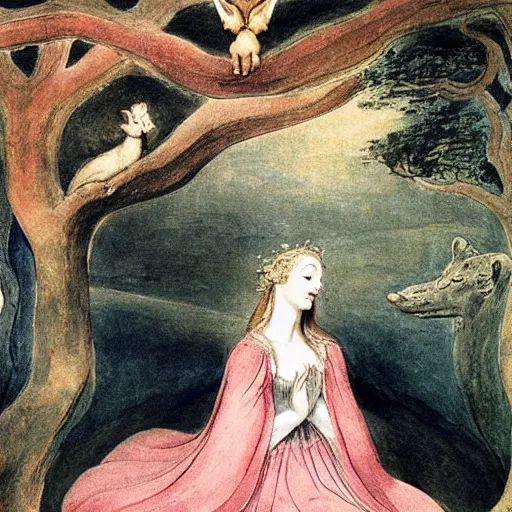 Image similar to by william blake harrowing. a beautiful installation art of princess aurora singing in the woods while surrounded by animals. she looks so peaceful & content in the company of the animals, & the colors are simply gorgeous.