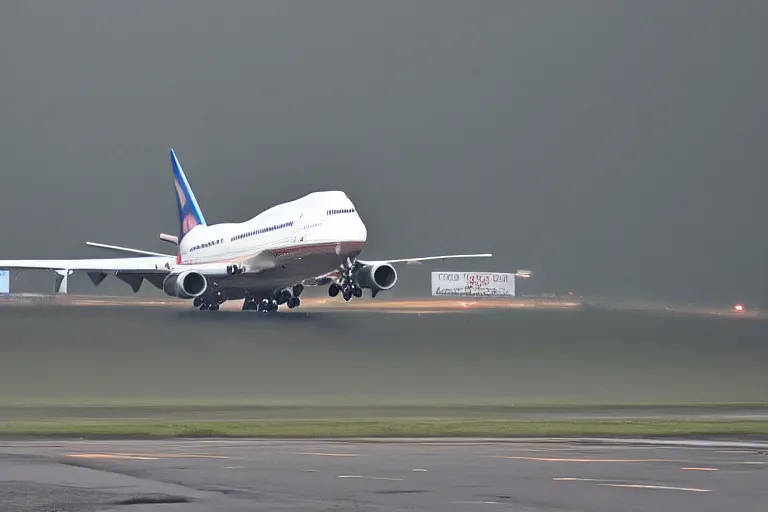 Image similar to detailed photo a boeing 7 4 7 landing at a 4 5 degree angle, on a runway in heavy rain and wind, photo from a spectator, 8 k, natural lighting