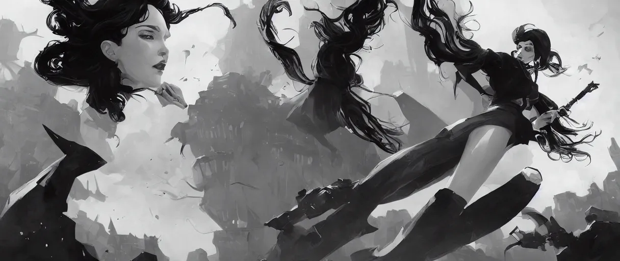 Prompt: a tritone black and white and lilac comic noir illustration painting of yennefer of vengerberg by sachin teng and sergey kolesov and ruan jia and heng z. graffiti art, scifi, fantasy, hyper detailed. octane render. concept art. trending on artstation