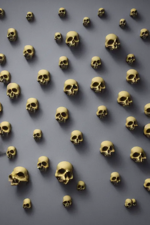 Image similar to 3 d render by daniel arsham of melting solid gold skulls, reflective, volumetric lighting, on clean white background