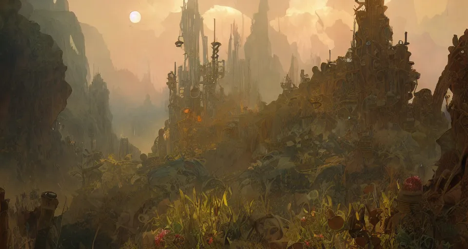 Image similar to a beautiful landscape painting of steampunk landscape, by alfons maria mucha and julie dillon and makoto shinkai, trending on artstation, octane render