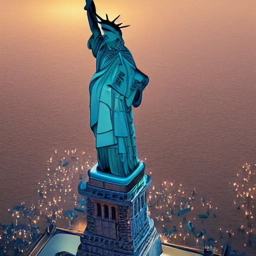 Image similar to the statue of liberty in a disney movie, au naturel, hyper detailed, digital art, trending in artstation, cinematic lighting, studio quality, smooth render, unreal engine 5 rendered, octane rendered, art style by klimt and nixeu and ian sprigger and wlop and krenz cushart.