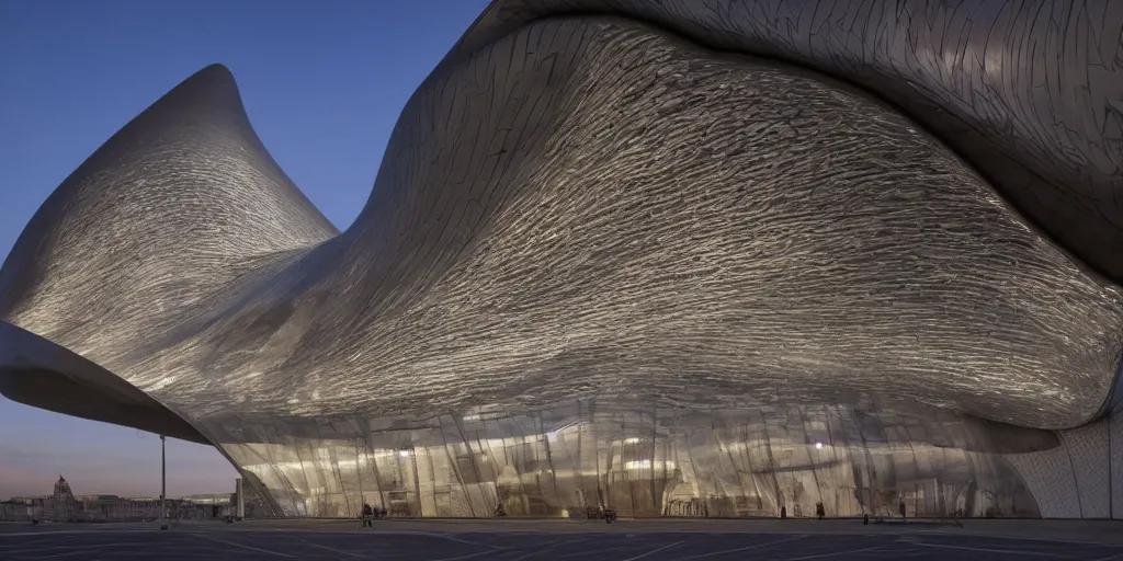 Image similar to extremely detailed ornate stunning sophisticated beautiful elegant futuristic museum exterior by Zaha Hadid, stunning volumetric light, stainless steal, concrete, translucent material, beautiful sunset, tail lights