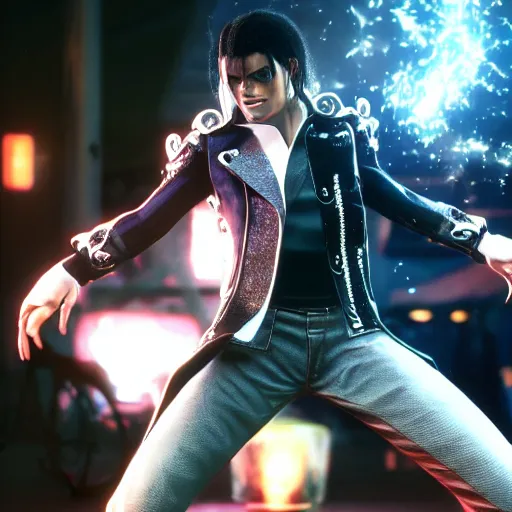 Prompt: a videogame still of Michael Jackson in Tekken 7, portrait, 40mm lens, shallow depth of field, close up, split lighting, cinematic