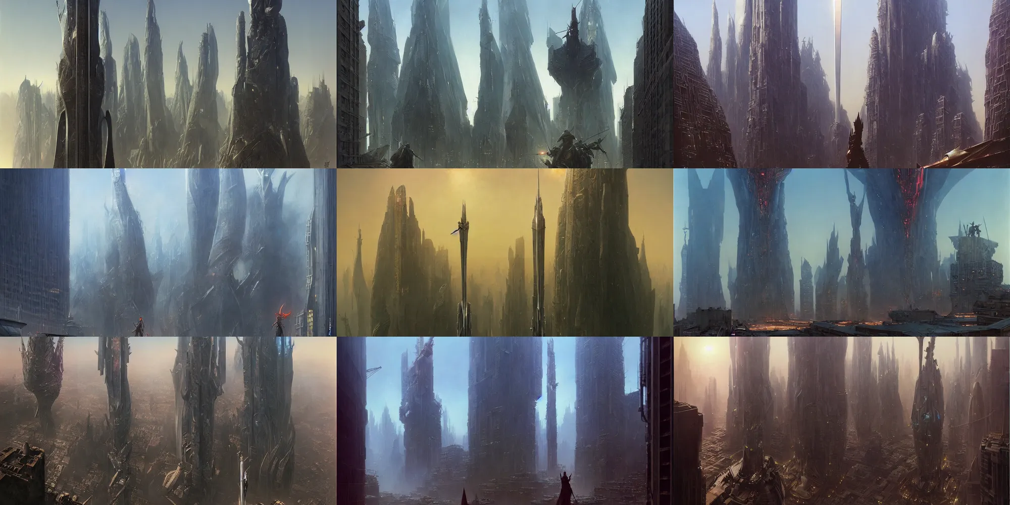 Prompt: giant sword huge as skyscraper in the middle of a futuristic city : : sci - fi, gorgeous lighting, highly detailed : : by zdzisław beksinski and norman rockwell and greg rutkowski : : weta studio, and lucasfilm