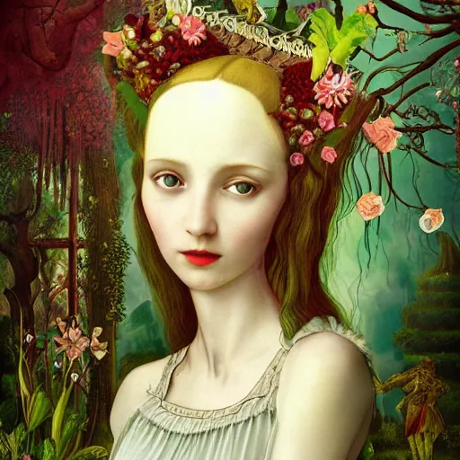 Image similar to a detailed portrait of young woman in renaissance dress and a surreal renaissance headdress, very surreal garden, cyberpunk, surreal tea party, strange creatures, by christian schloe and botticelli, naotto hattori, amy sol, roger dean, moody colors