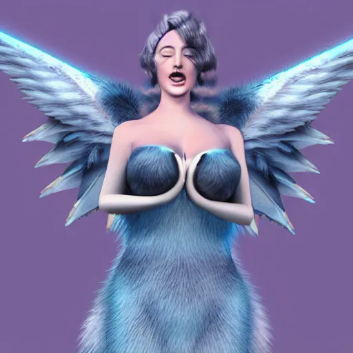 Prompt: 3 d render, well toned, large, female anthropomorphic wolf with wings, blue fur and scales with white spots and wings on her back, ice blue dress, furr covering her chest.