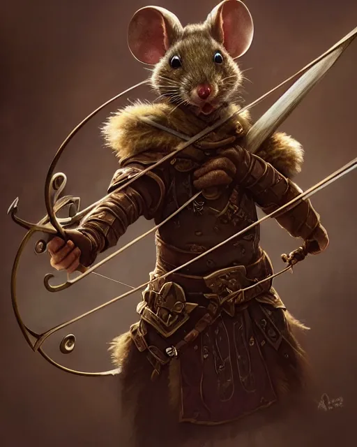 Prompt: closeup 2 8 mm anthropomorphic archer mouse using a crossbow in a castle, d & d, fantasy, intricate, action pose, particle effects, highly detailed, digital painting, artstation, concept art, matte, sharp focus, volumetric lighting, illustration, hearthstone, art by artgerm, wlop, craig mullins, alphonse mucha