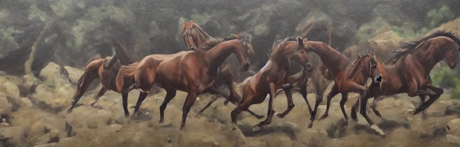 Image similar to lots of horses running through the canyon, hyper realistic, more details, they might be crawling, original oil on canvas painting by sydney mount