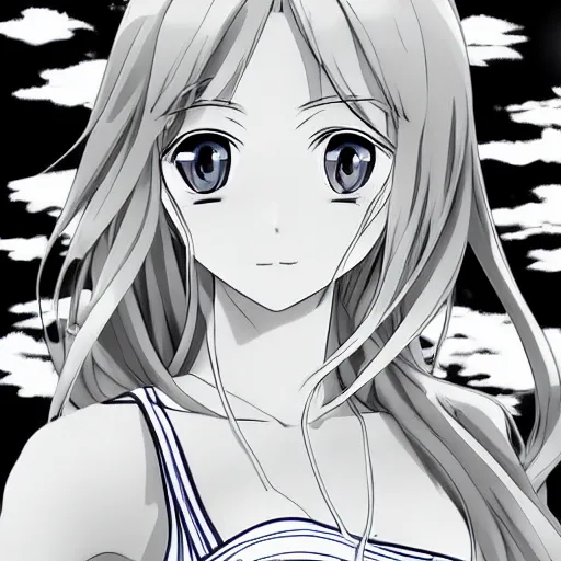 Image similar to a very beautiful young anime girl, full body, long wavy blond hair, sky blue eyes, full round face, bikini, miniskirt, front view, mid - shot, highly detailed, black and white manga drawing
