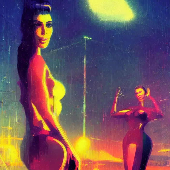 Prompt: kim kardashian, portrait, concept art, digital painting, noir, backlit, bokeh, neon lights, atmospheric, by bruce pennington, by corbusier