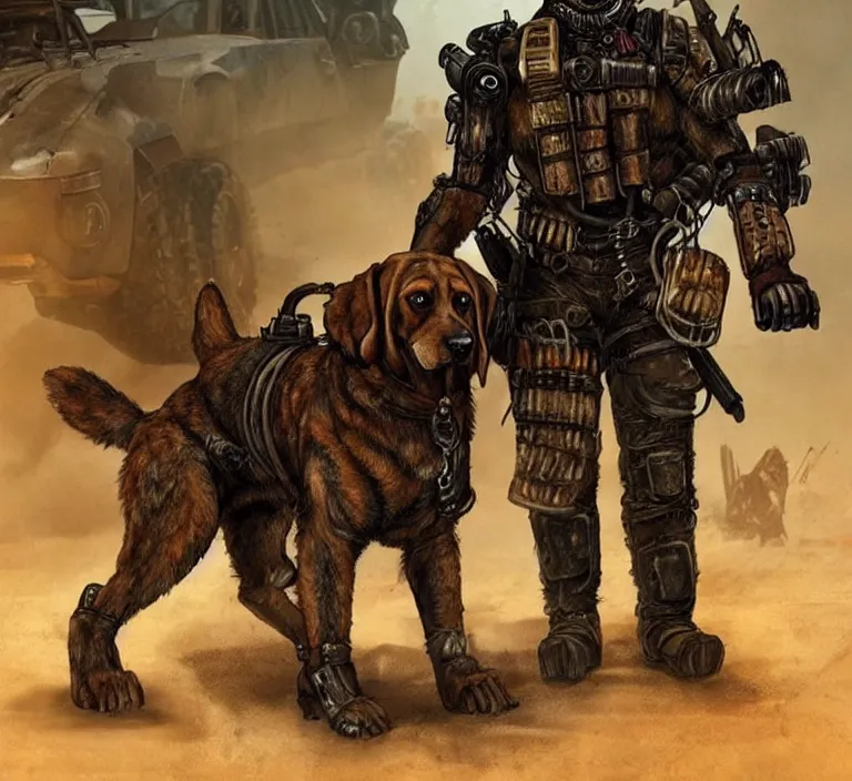 Image similar to a good ol'bloodhound dog fursona ( from the furry fandom ), heavily armed and armored facing down armageddon in a dark and gritty version from the makers of mad max : fury road. witness me.