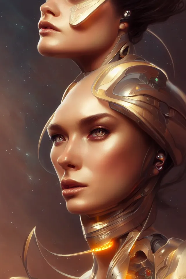 Image similar to futuristic woman portrait, sci-fi, amber eyes, face, long hair, fantasy, intricate, elegant, highly detailed, digital painting, artstation, concept art, smooth, sharp focus, illustration, art by artgerm and greg rutkowski and alphonse mucha