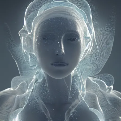 Prompt: ethereal beings made of isinglass, new age artwork, octane, houdini, 8 k, cgsociety