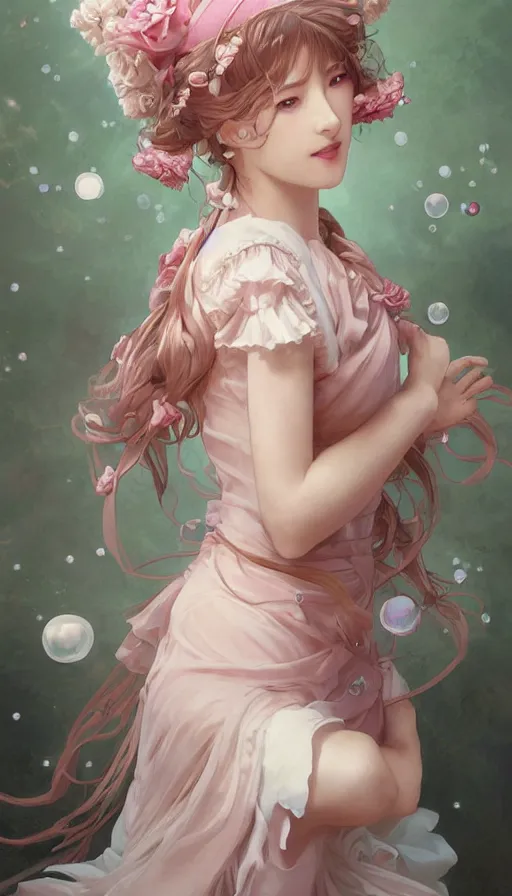 Image similar to portrait of kirisame marisa, touhou, dreamy and ethereal, expressive pose, big pink eyes, peaceful expression, ornate frilly dress, fantasy, intricate, elegant, many rainbow bubbles, rose tones, highly detailed, digital painting, artstation, concept art, smooth, sharp focus, illustration, art by artgerm and greg rutkowski and alphonse mucha