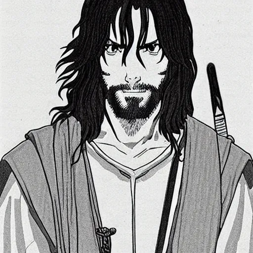 Image similar to aragorn from the anime lord of the rings (1986), looking serious, some beard, studio ghibli, very detailed, realistic