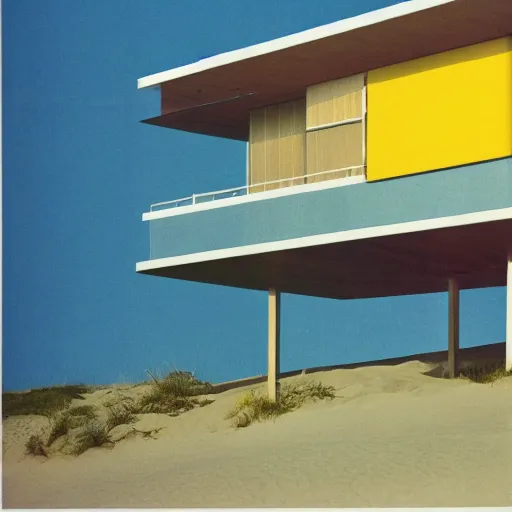 Prompt: architecture ad for a mid-century modern house by the beach designed by Norman foster. Film grain, cinematic, colorized, yellow hue.