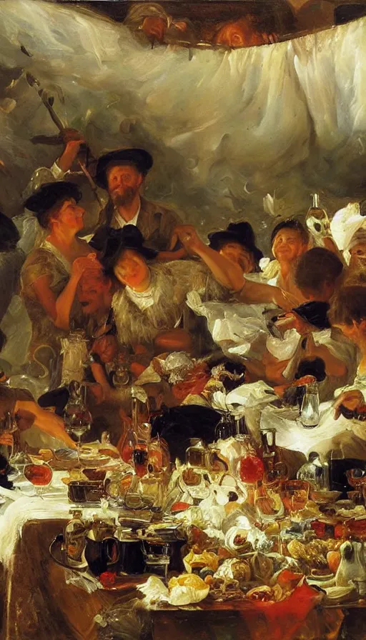 Prompt: still life painting of midsummer party getting hit by hurricane, by Peder Krøyer, golden hour, dramatic lighting, epic, gargantuan, intricate detail, canvas print