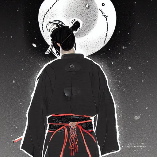 Image similar to a portrait from behind of a samurai man vagabond with a moon behind him, the samurai is wrapped in chains, detailed, illustration, concept art, ink style, sketch