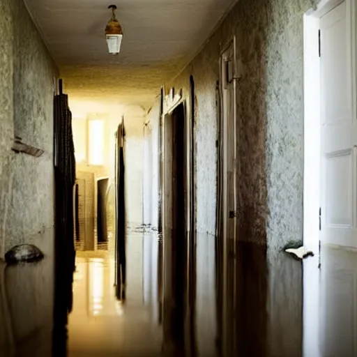 Image similar to flooded hallway in a cozy house, oddly familiar, liminal, unsettling,