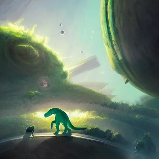 Image similar to Astronauts and green aliens are riding some dinosaurs on saturn's ring and saturn is as background, by Jordan Grimmer digital art, trending on Artstation,