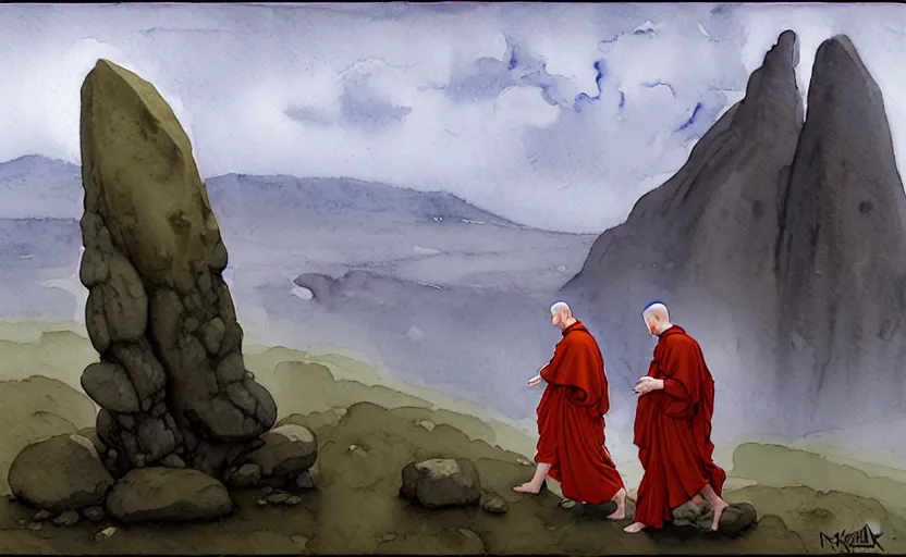 Image similar to a hyperrealist watercolour character concept art portrait of small grey medieval monks with their hands above their heads. a megalithic flat rock floats in the air above him. it is a misty night on the moors of ireland. by rebecca guay, michael kaluta, charles vess and jean moebius giraud