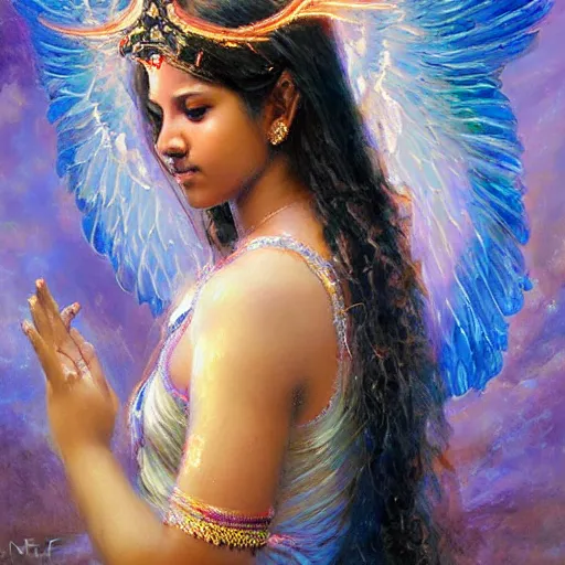 Image similar to Sri lankan girl as a winged angel covered in eyes with glowing halo, iridescent, seraphim, art by Daniel F. Gerhartz,