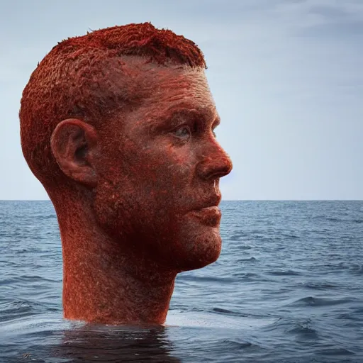 Image similar to a giant human head sculpture in the sea made out of juicy hamburgers, long shot, hyper detailed, hyper realistic, ray tracing, 8 k resolution, sharp focus, realistic water, award winning