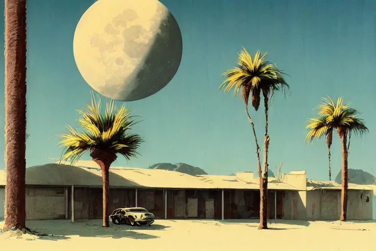 Image similar to broken robot | abandoned motel | palm trees | snowy mountains | moon in sky, painting by syd mead and weta studio and moebius and james jean and frank frazetta, highly detailed, rule of third, soft lighting, architectural magazine, beautiful detailed, insanely intricate details, artstation trending, hypermaximalistic, high details, cinematic