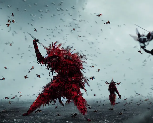 Prompt: justin sun as night king versus huge crimson warrior bees, 4 k, epic, cinematic, focus, movie still, fantasy, extreme detail, atmospheric, dark colour, sharp focus