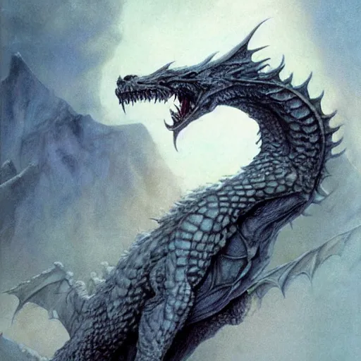 Image similar to a white dragon breathing frost, dungeons and dragons, digital art, by John Howe and Alan Lee and Larry Elmore