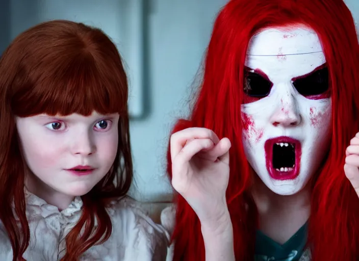 Prompt: a young red - haired girl with an eyepatch scaring little children, 4 k, dolby vision