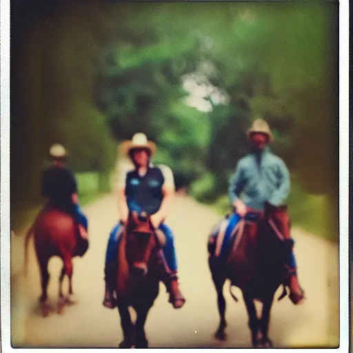 Prompt: Western, people on horses with wheels instead of legs, polaroid, bokeh