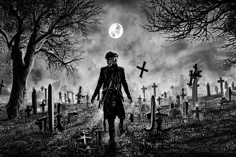 Prompt: dead anarchist walking through a cemetery, middle finger, pirate flag sticking out of his pocket, evil dead face, leather coat, dark night, full moon, crowd of zombies and walking deads around, crows on the oak tree, highly detailed digital art, photorealistic