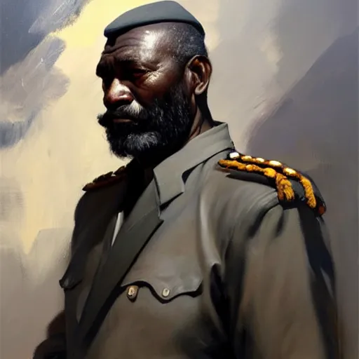 Prompt: Greg Manchess portrait painting of a large 60 year old African military general character, grey beard, medium shot, athletic, asymmetrical, profile picture, Organic Painting, dramatic light, matte painting, bold shapes, hard edges, street art, trending on artstation, by Huang Guangjian and Gil Elvgren and Sachin Teng