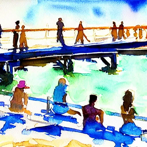 Prompt: Sunbathers on the pier. San Francisco. Watercolor