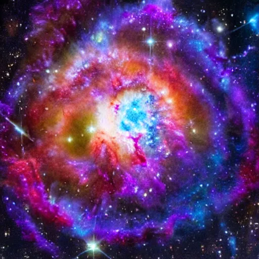 Prompt: colorful galaxy explosion inside a blue a of a baby