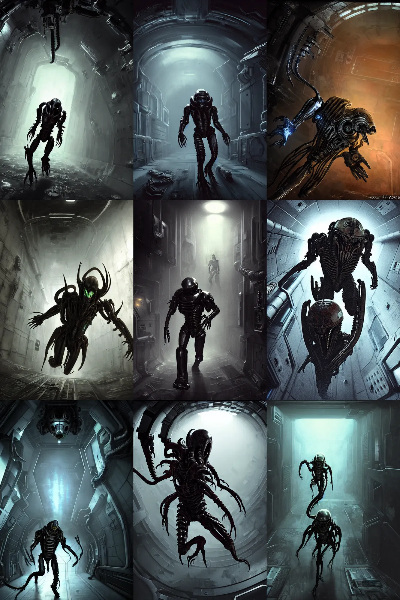 Prompt: horror movie scene of an individual in futuristic armor, being chased down a hallway by a xenomorph, running through a deep space mining space station, rusty metal walls, broken pipes, dark colors, muted colors, tense atmosphere, mist floats in the air, amazing value control, dead space, moody colors, dramatic lighting, ussg ishimura, frank frazetta, dark souls