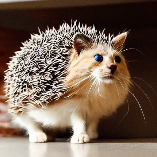 Image similar to a cat and a hedgehog as one animal.