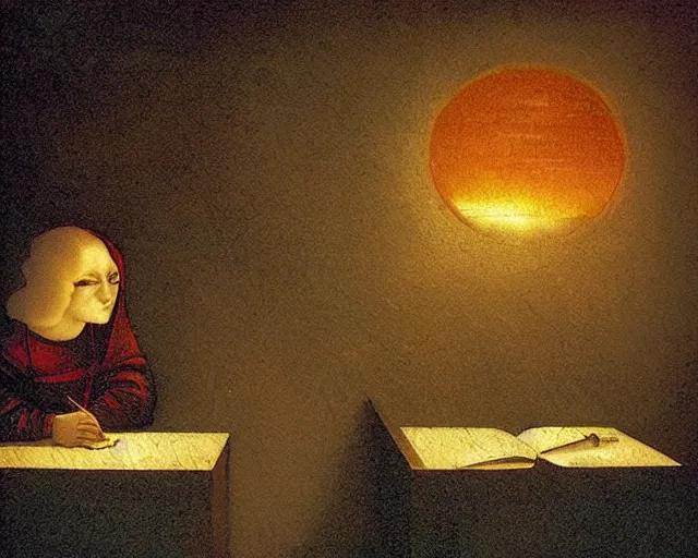 Image similar to burning the midnight oil, a simple vector pop surrealism, by ( leonardo da vinci ) and greg rutkowski and rafal olbinski