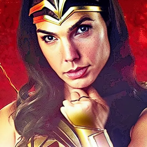 Prompt: Angry Gal Gadot, dressed as Wonder Woman, lassos Joss Whedon with her magical golden lariat of truth. Photorealistic